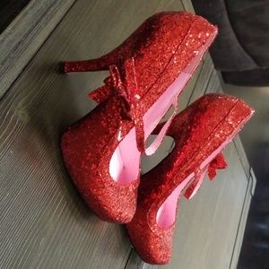 Ruby Red Glitter Heels. Ankle strap. Costume